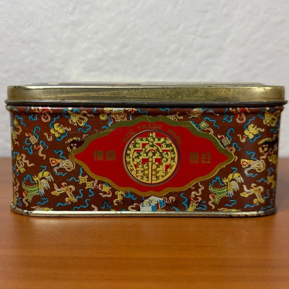 Vintage Ming Kung Cake Tin Box Hung To Yuen Co Hong Kong Hinged Litho Chinese
